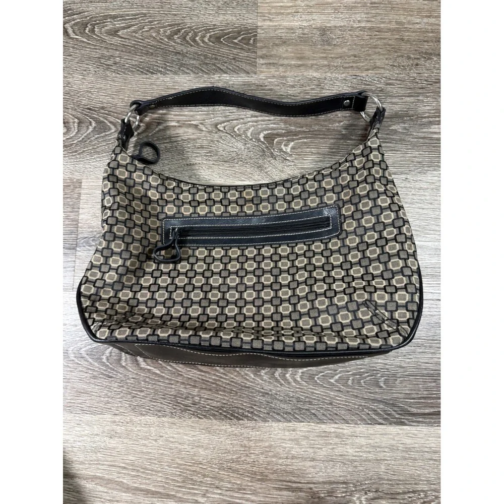 Nine West‎ Classic Geometric Shoulder Bag Black Tan Canvas Hobo Purse 90s Y2K